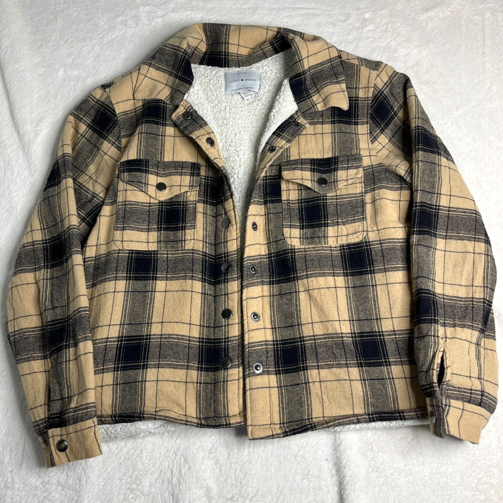 Lucky Brand Jacket Womens Size Medium Beige Sherpa Lined Flannel